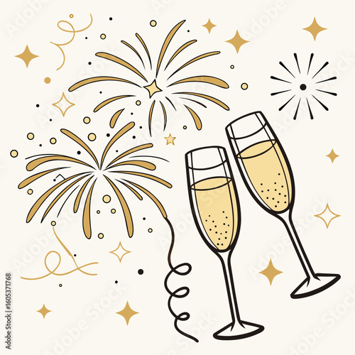 Two elegant champagne glasses filled with bubbly liquid are raised for a toast amidst a backdrop of festive golden fireworks and sparkling stars symbolizing a joyous celebration