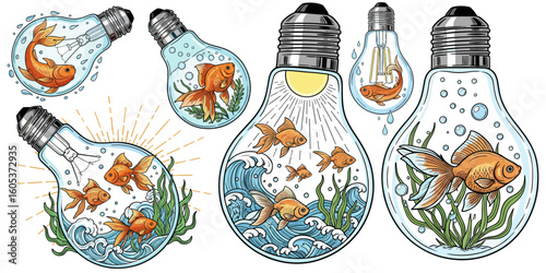 Charming hand-drawn goldfish swimming inside vintage and modern light bulbs, detailed and minimalist vector illustrations, elegant aquatic compositions, perfect for prints, cards, and decor. (1)