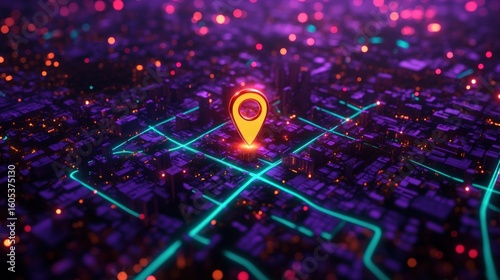 Digital City Map with Location Pin and Neon Lights - Vibrant Urban Scene