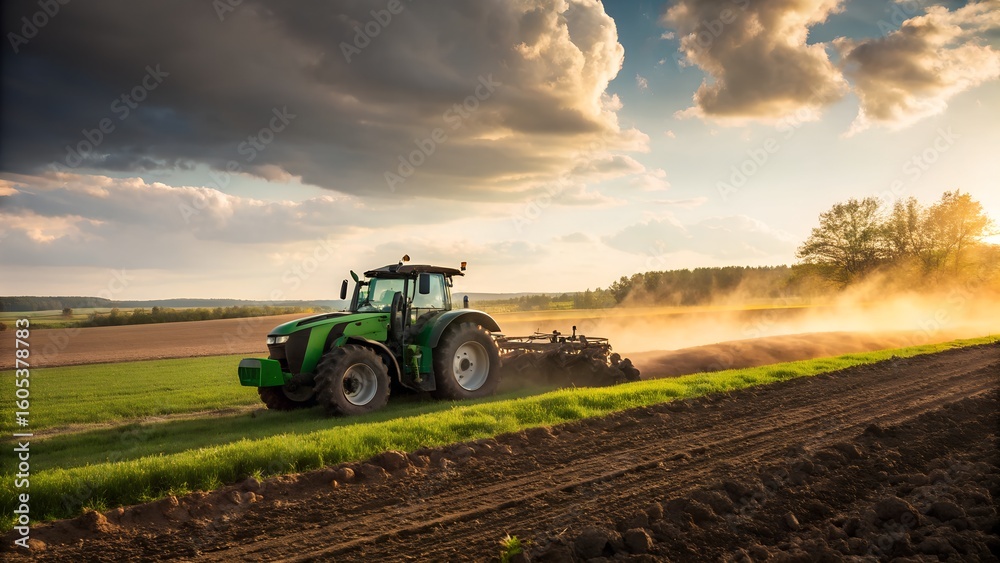 Obraz premium Green tractor plowing a field at sunset with dramatic clouds