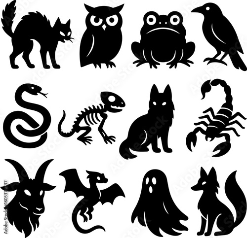 A collection of black silhouette illustrations featuring various spooky and mystical creatures commonly associated with halloween and the occult