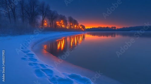 Winter sunrise over a frozen lake