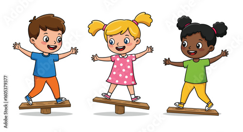 Children Balancing on a Wooden Beam – Fun Playground Activity