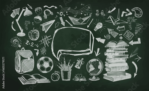 Welcome back to school horizontal banner, chalk drawing on school board, vector illustration. Handmade, not AI