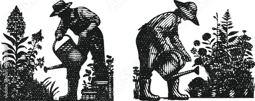  Monochrome lined photocopy engraving bundle of a worker man working in floral garden vector art