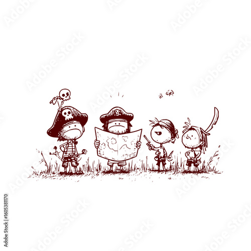 A group of cartoon pirates standing in grass one holding a map and another with a skull on their hat