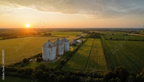 Aerial view of agricultural landscape at sunset with grain silos, cultivated fields. Green, gold colors dominate scenery under warm sky. Tranquil rural setting highlights farming industry, harvest,