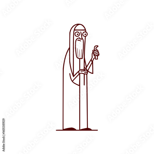 Illustration of a tall thin man with a robe and beard holding a staff and a small object in his hands