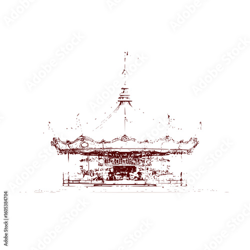 Illustration of a vintage carousel with a decorative top and base in a monochromatic color scheme art