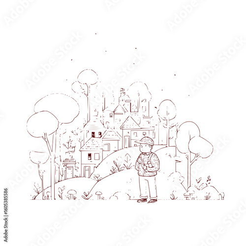Illustration of a boy standing in front of a village surrounded by trees and vegetation art style