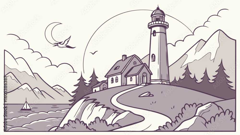 Fototapeta premium Illustration of a serene coastal lighthouse scene.