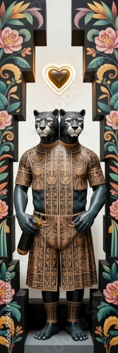 Ornate figure in decorative mural with floral border