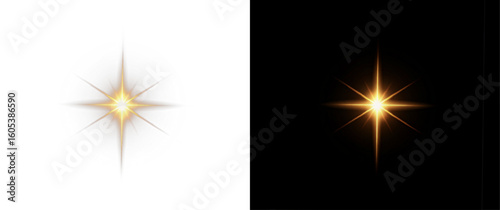 PNG Flash of golden star light on black background. Glow Star light sparkle glow. Vector glow effect. Abstract lens glare. Flashing lights. Transparent PNG.