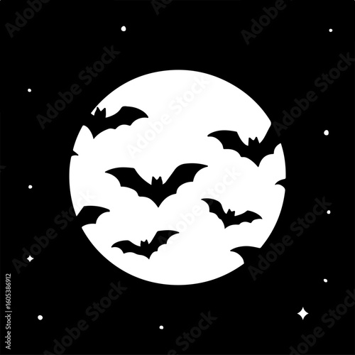 A spooky halloween silhouette of a full moon surrounded by a swarm of flying bats against a starry night sky