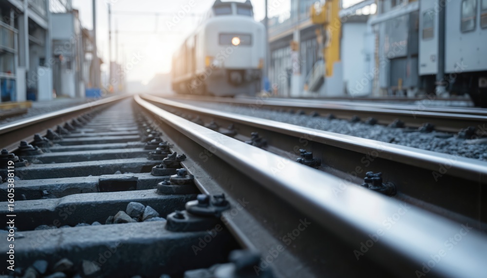 Fototapeta premium Close-up view of parallel railway tracks in bright industrial setting. Metal rails with fasteners lead towards blurred background with train, buildings. Focus on track infrastructure, emphasizing
