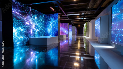 Illuminated hallway with digital art displays