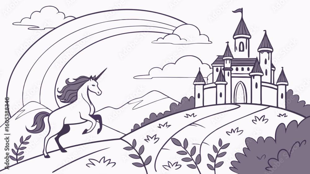 Naklejka premium a unicorn runs on a hill towards a castle with a rainbow in the sky.