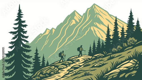 Hikers on a mountain trail with pine trees and majestic peaks, outdoor adventure vector illustration