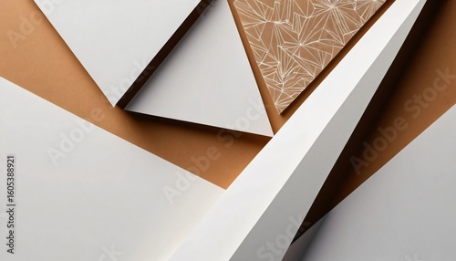 Modern minimal geometric background with white shapes and tan colors for graphic design projects