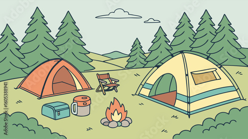 Illustrated Camping Scene with Tents, Campfire, and Forest Landscape for Outdoor Adventure