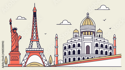 Global Landmarks Travel Illustration: Famous Monuments in Flat Line Art Style