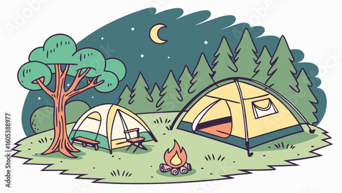 Cozy Night Camping Illustration: Tents, Campfire, and Starry Forest Landscape