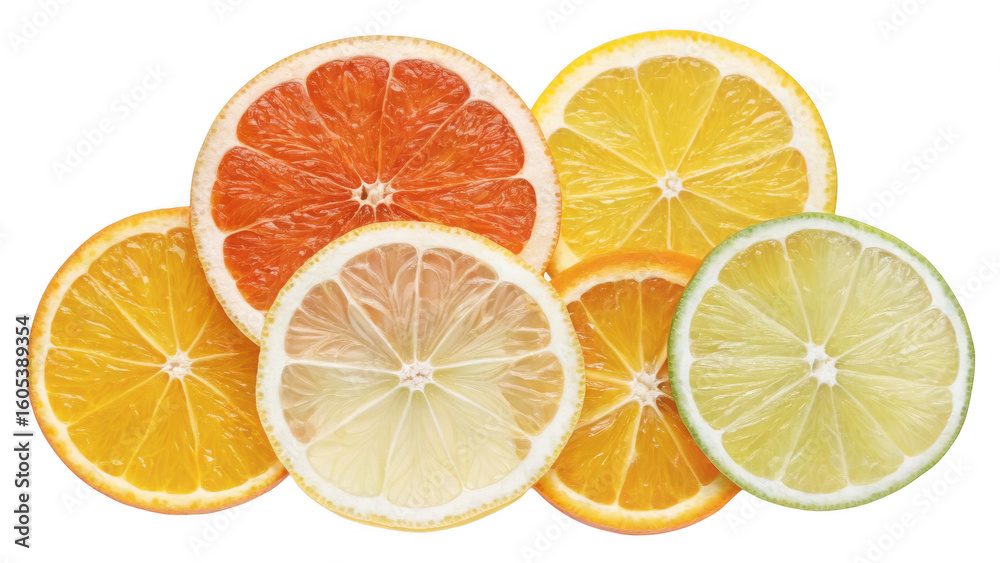 Assortment of citrus fruit slices including grapefruit lemon and orange isolated on transparent background Assortment of citrus fruit slices including grapefruit lemon and orange isolated on transparent background