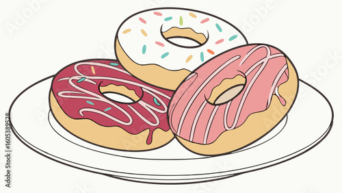 Assorted cartoon donuts on a plate with colorful icing and sprinkles illustration
