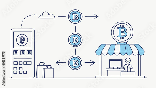 Cryptocurrency online shopping and payment concept. Digital currency transaction flow from mobile wallet to retail store via cloud network.
