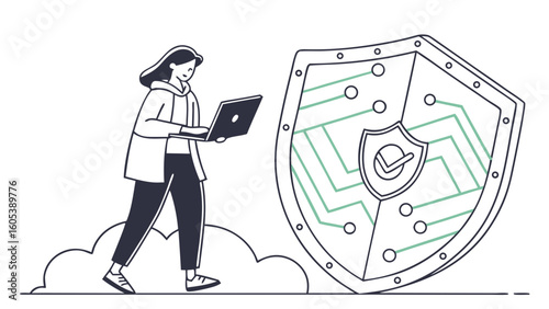 Cloud Data Security: User with Laptop and Protective Shield Illustration