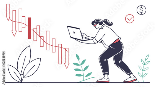 Financial Market Downturn Illustration: Person Analyzing Falling Stock Graph on Laptop, Economic Crisis Concept