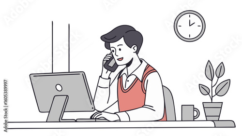 Man on phone call at office desk, working on computer. Remote work and customer service illustration.