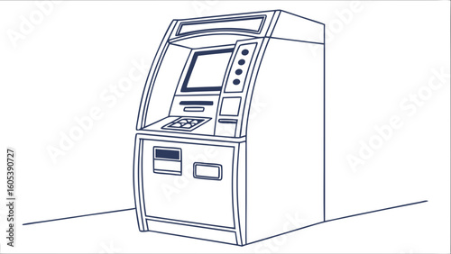 Line Art Illustration of an ATM Machine. Automated Teller Cash Dispenser Outline Drawing for Banking and Financial Services.
