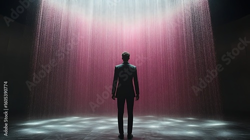 Man in suit facing a vibrant, rain-like light display