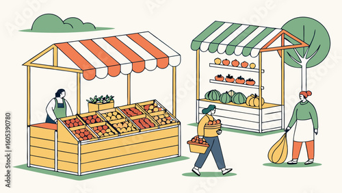 Vibrant Farmers Market Illustration: Fresh Produce Stalls, Shoppers, and Local Goods