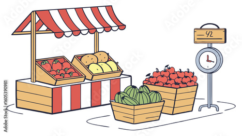 Fresh Produce Market Stall Illustration with Fruits, Vegetables, and Weighing Scale
