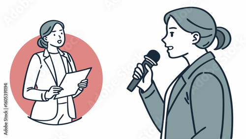 Female Public Speaker and Presenter Illustration Set for Business Communication and Events
