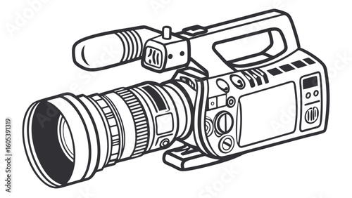 Professional Video Camera Line Art. Broadcast Camcorder Illustration for Filming, Media, and Production.