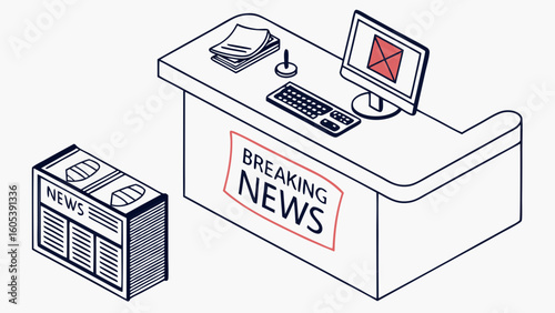 Breaking News Desk and Media Kiosk Isometric Line Art Illustration on White Background
