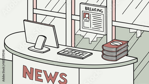 Broadcast News Studio Desk with Monitor and Breaking News Display Illustration