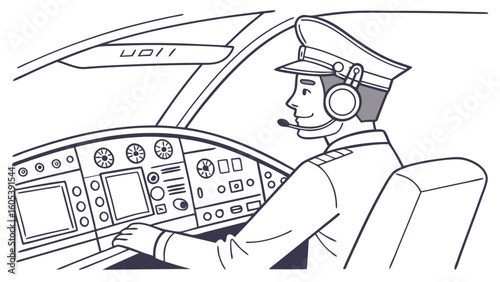 Professional pilot in aircraft cockpit, black and white line art illustration for aviation and travel concepts