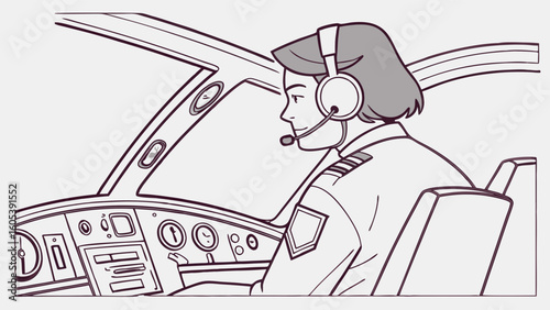 Professional pilot in aircraft cockpit wearing a headset, controlling the plane. Line art illustration of aviation and air travel.