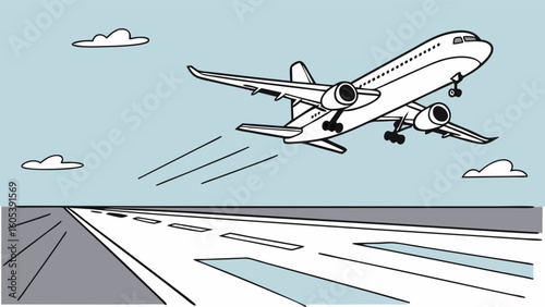 Commercial Airplane Taking Off from Runway. Passenger Jet Departure. Air Travel and Aviation Illustration.