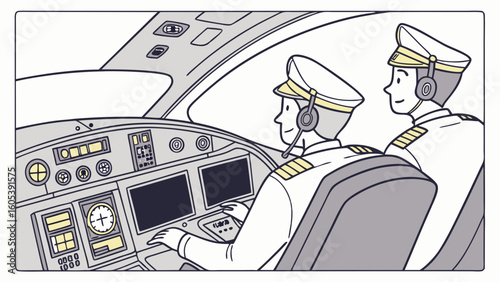 Airline Pilots in Cockpit Illustration: Professional Crew Flying Commercial Aircraft