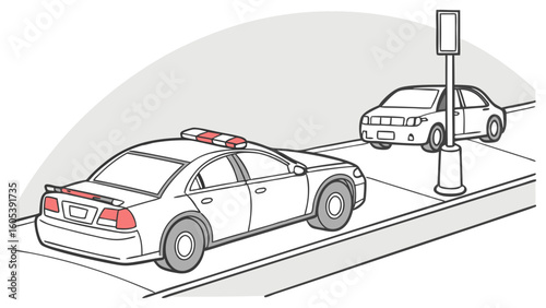 Police patrol car parked on an urban street with another vehicle, law enforcement scene illustration
