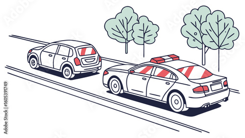Police car pulling over a civilian vehicle on a road. Traffic stop illustration with trees.