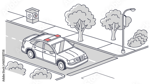 Isometric Line Art: Police Car Parked on Urban Street with Trees and Meter