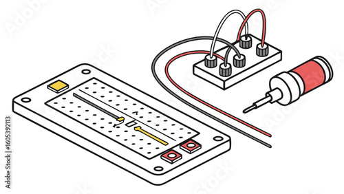Electronics Prototyping Setup Diagram with Breadboard, Wires, and Soldering Iron