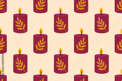 Seamless pattern with dark red autumn candles with leaf decor