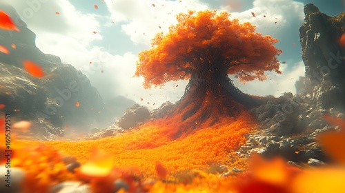 Massive orange tree in a mountainous landscape